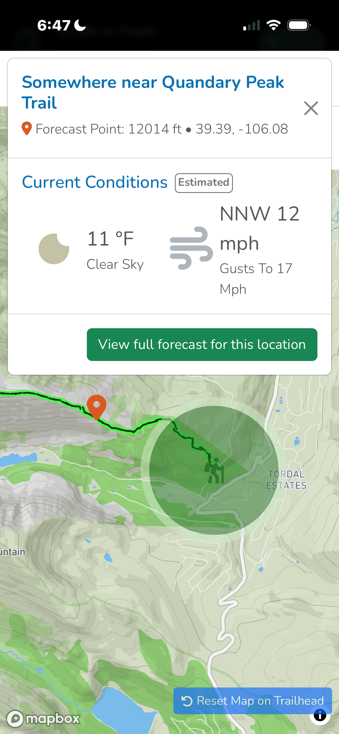 Point forecast showing weather details for a trail location