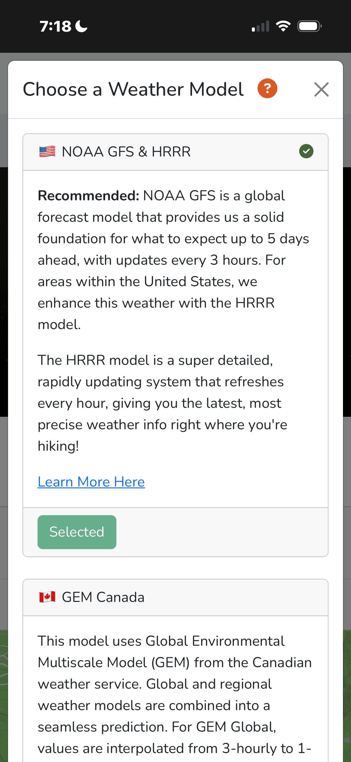 Weather model selector showing GFS, HRRR, and Canadian models