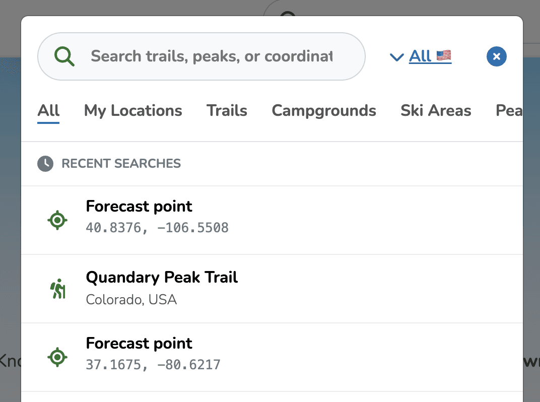 Pasting coordinates into the search box and the resulting point forecast