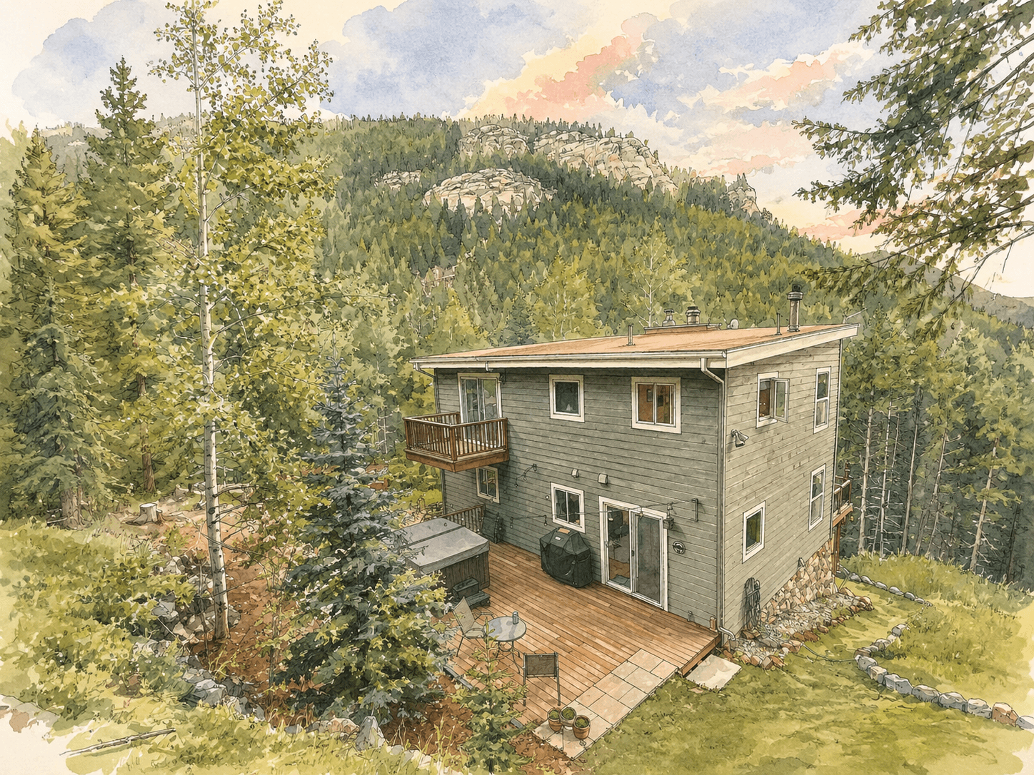 Watercolor illustration of the TrekWeather cabin tucked into the Colorado Rockies