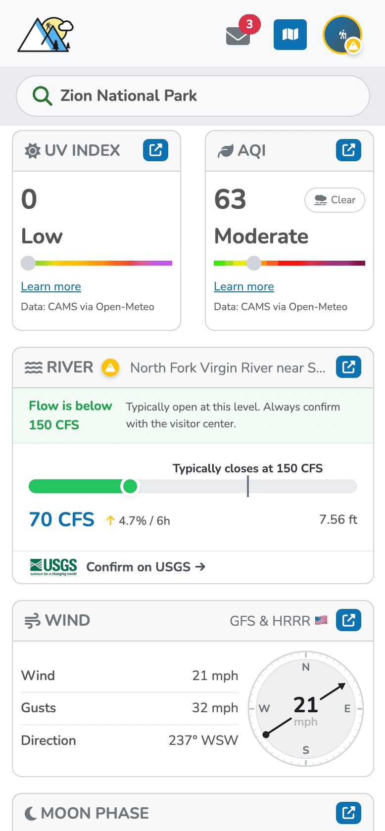 River Flow card on The Narrows trail page