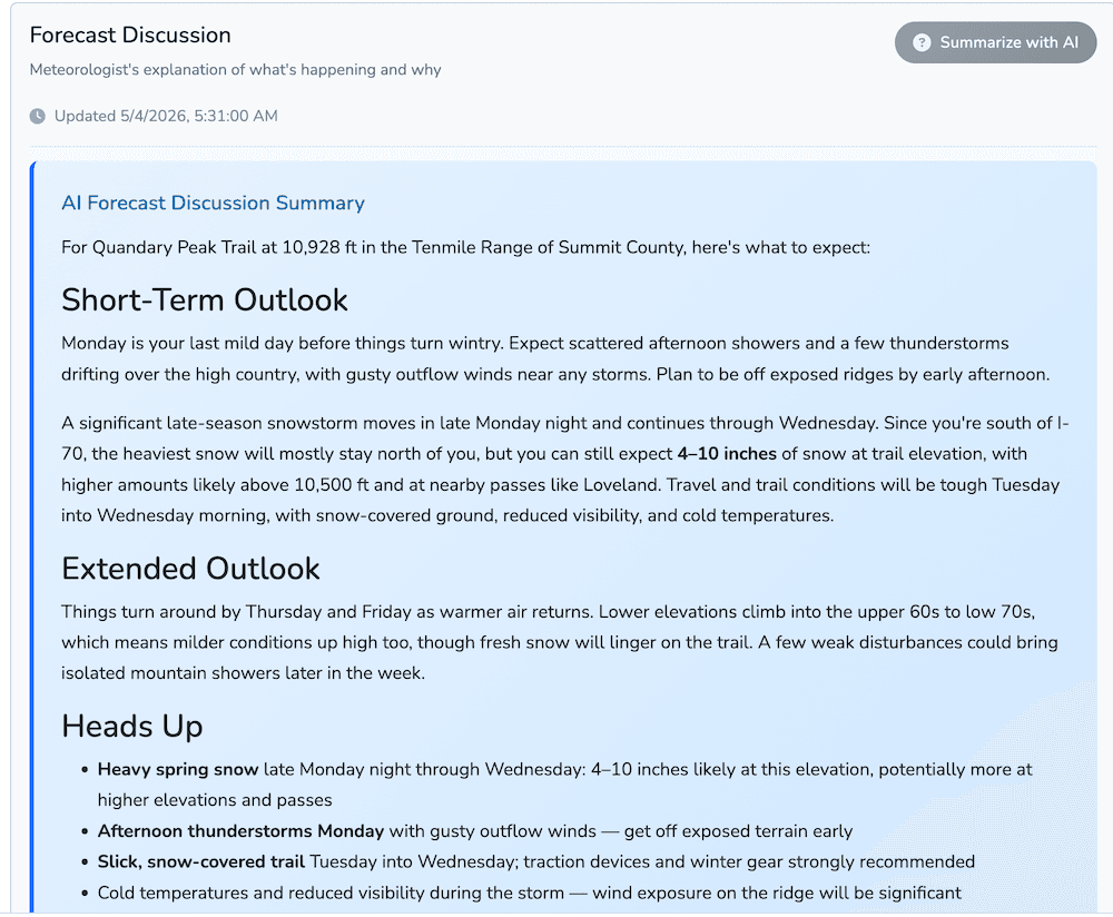 AI Summary v2 showing elevation-aware forecast on desktop