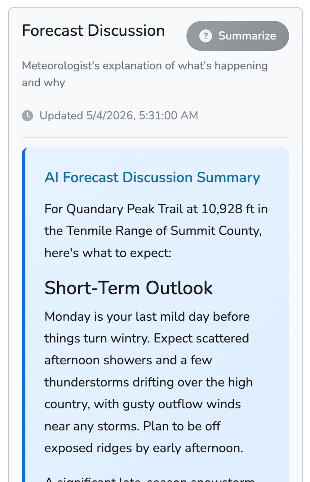 AI Summary v2 showing elevation-aware forecast on mobile
