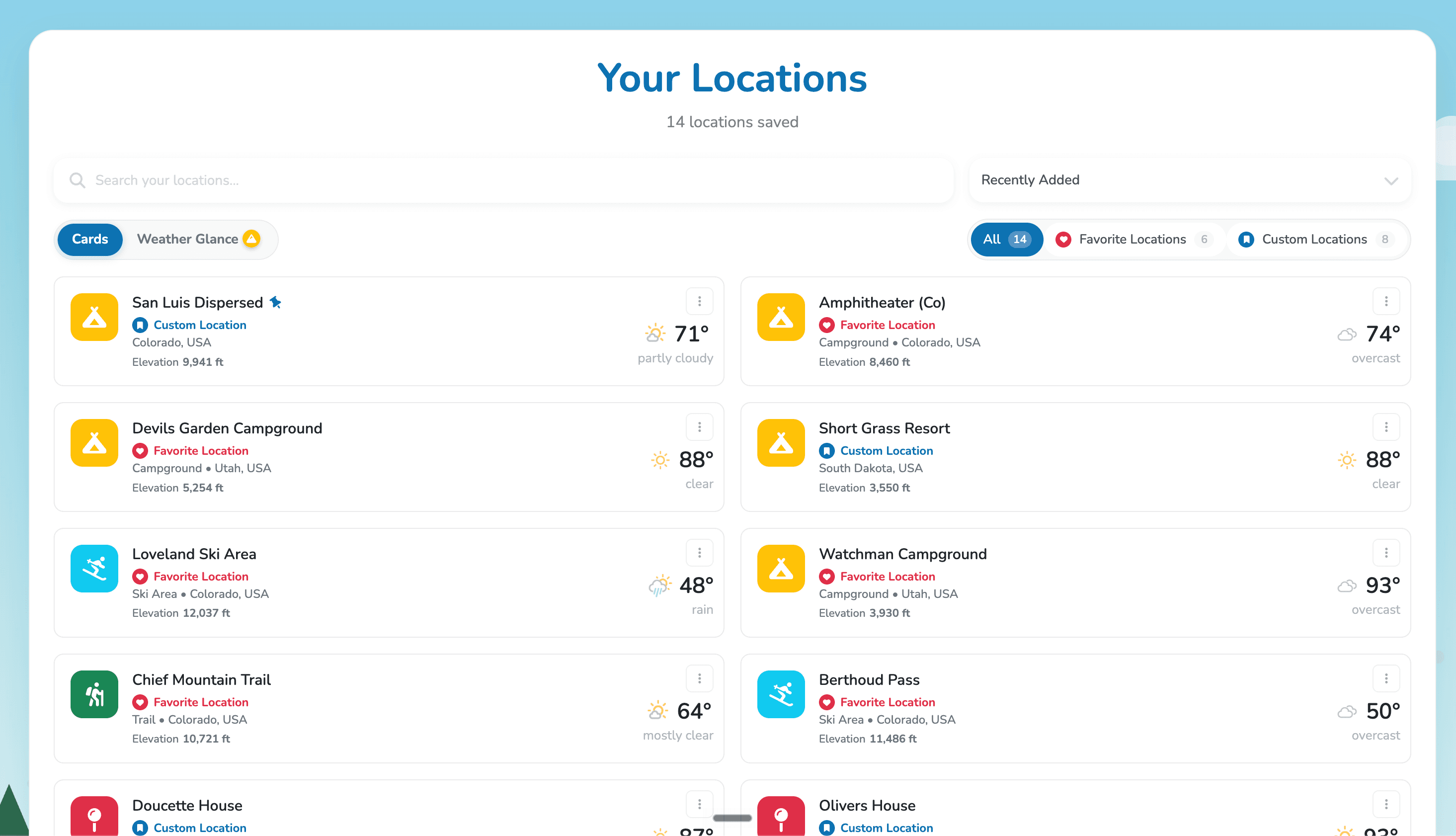 Favorites and custom locations on one page, each card showing current conditions and a three-day outlook