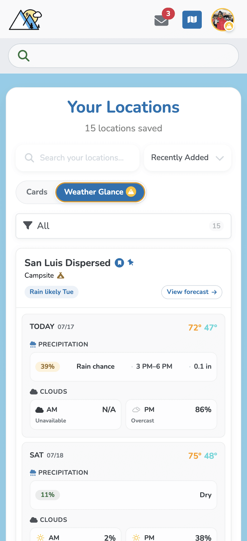 The Your Locations page on mobile, with weather on every card