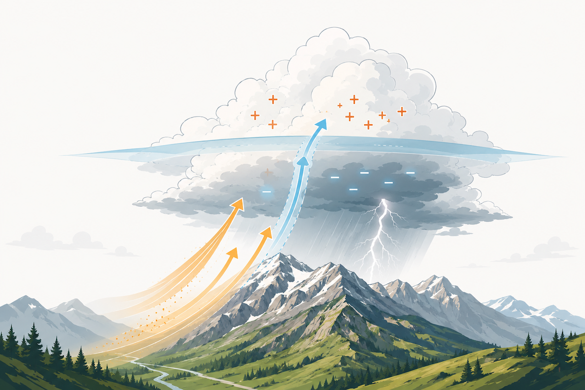 Illustration of mountain thunderstorm ingredients with rising warm air, a cap layer, cloud charge separation, and lightning