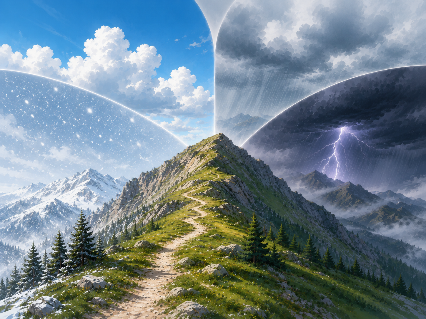 Mountain ridge beneath three contrasting skies: snow, sunshine, and a lightning storm
